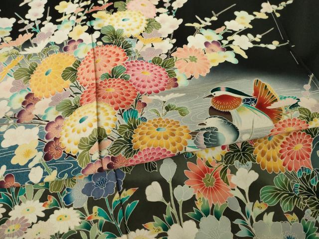 平和屋着物●豪華黒留袖 友禅 作家物 鴛鴦花文 仮絵羽 正絹 逸品 未使用 AABJ6734ck