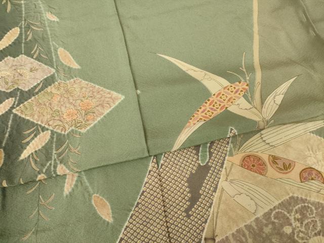 平和屋着物●訪問着 作家物 絞り 刺繍 笹花文 暈し染め 金糸 仮絵羽 正絹 逸品 未使用 AABJ6754ck
