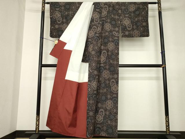 平和屋着物●上質な紬 亀甲花文 黒地 正絹 逸品 AABJ6756ck