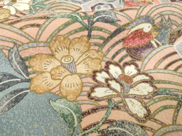 平和屋着物●豪華振袖 更紗花鳥文 ロング丈 正絹 逸品 AABJ6757ck