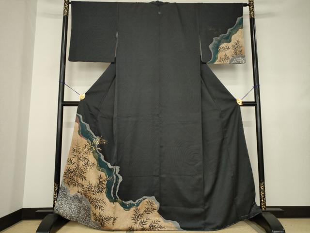 平和屋着物●訪問着 道長草葉文 黒地 金彩 正絹 逸品 AABJ6762ck