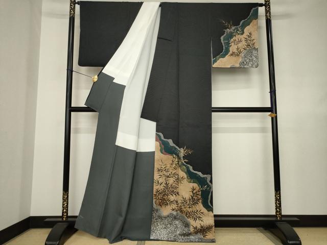 平和屋着物●訪問着 道長草葉文 黒地 金彩 正絹 逸品 AABJ6762ck