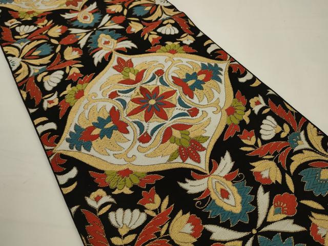 平和屋着物◎六通柄 京本袋帯 唐織 聚楽 飾花文 黒地 金糸 正絹 逸品 AABJ6802pf