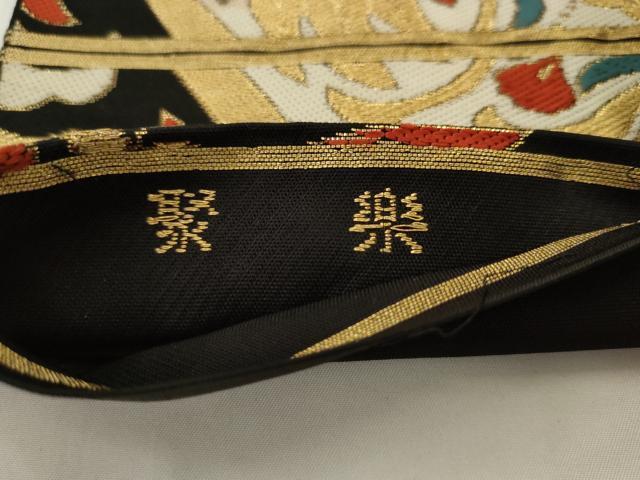 平和屋着物◎六通柄 京本袋帯 唐織 聚楽 飾花文 黒地 金糸 正絹 逸品 AABJ6802pf