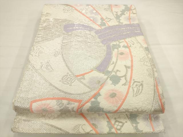 平和屋着物◎六通柄袋帯 唐織 束ね熨斗花文 銀糸 正絹 逸品 AABJ6825pf