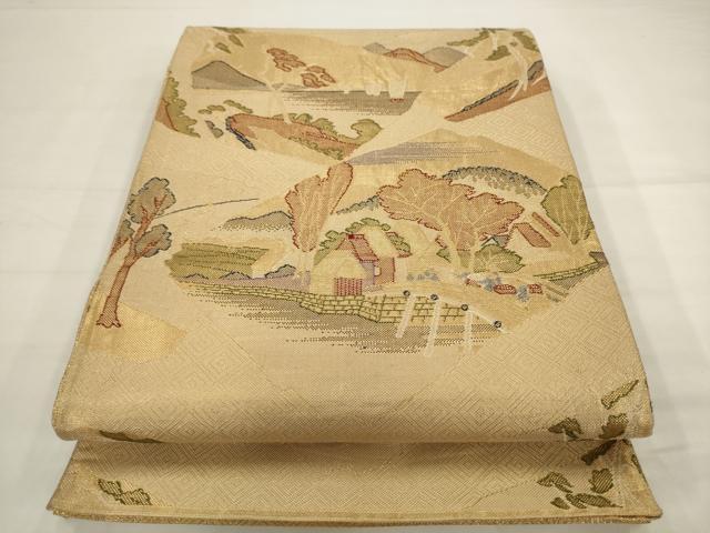平和屋着物◎佐賀錦 六通柄袋帯 風景文 金糸 正絹 逸品 AABJ6827pf