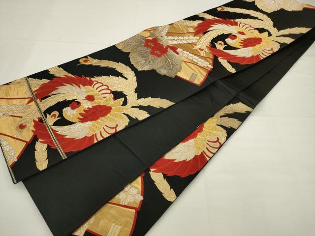 平和屋着物◎六通柄袋帯 唐織 鳳凰花文 黒地 金銀糸 正絹 逸品 AABJ6839pf