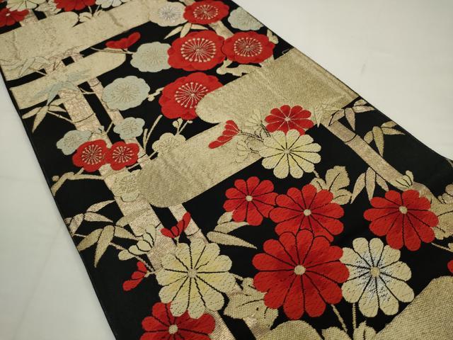 平和屋着物◎六通柄 京袋帯 唐織 梅竹文 黒地 金糸 正絹 逸品 AABJ6847pf