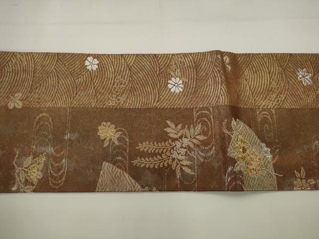平和屋着物◎九寸名古屋帯 流水草花文 金銀糸 引箔 正絹 逸品 AABJ6850pf