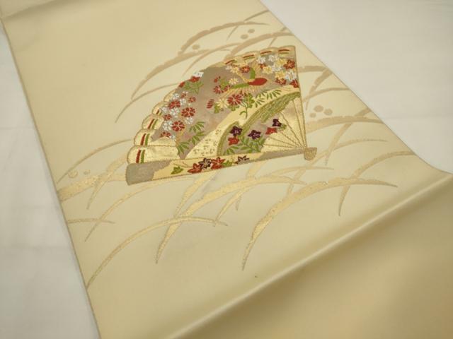 平和屋着物◎八寸名古屋帯 唐織 扇面飛鶴花文 金糸 AABJ6873pf