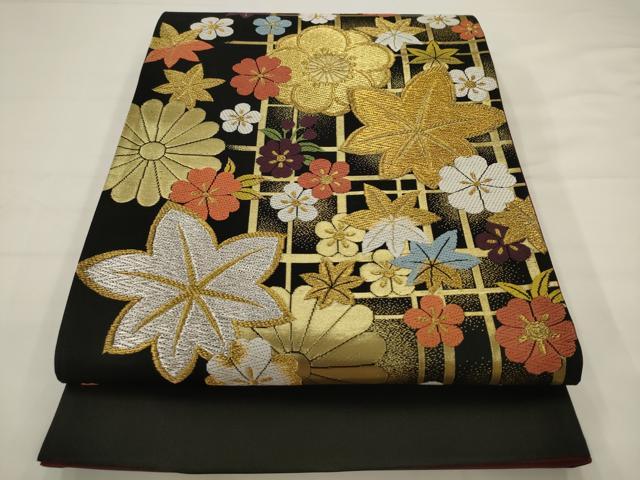 平和屋着物●西陣 田中義織物謹製 六通柄袋帯 唐織 華 黒地 金銀糸 証紙付き 正絹 逸品 AABJ6884pf