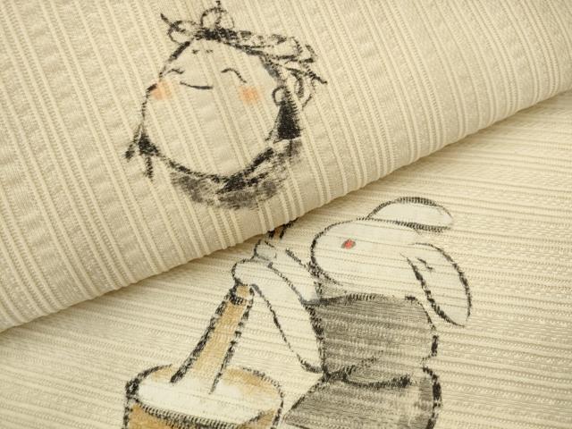 平和屋着物●日本画家 水嶋征夫 太鼓柄袋帯 手描き 兎 正絹 逸品 AABJ6889pf