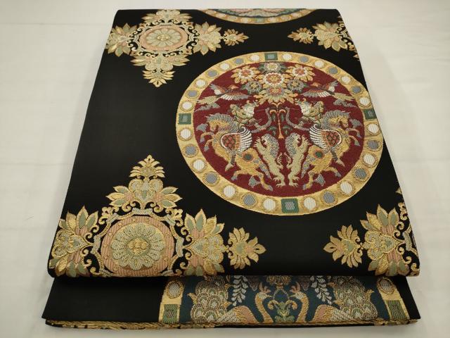 平和屋着物●六通柄袋帯 織輪 狩鞍円文 黒地 金糸 正絹 逸品 AABJ6897pf