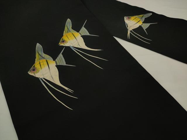 平和屋着物●本加賀友禅 瀬戸算 塩瀬 九寸名古屋帯 魚 エンゼルフィッシュ 黒地 正絹 逸品 AABJ6900pf