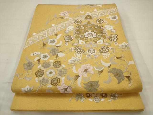 平和屋着物▼太鼓柄袋帯 総刺繍 吉祥瑞雲 銀通し地 正絹 逸品 AABJ6914pf