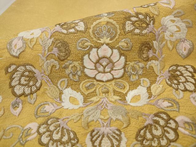 平和屋着物▼太鼓柄袋帯 総刺繍 吉祥瑞雲 銀通し地 正絹 逸品 AABJ6914pf
