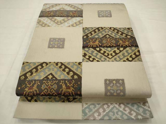 平和屋着物●六通柄袋帯 市松抽象文 金糸 正絹 逸品 AABJ6917pf