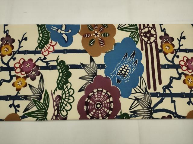 平和屋着物●極上 本場琉球紅型 塩瀬 全通柄九寸名古屋帯 松竹梅 鶴 亀 正絹 逸品 AABJ6923pf