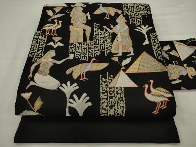 平和屋着物●九寸名古屋帯 エジプト壁画文 黒地 金糸 正絹 逸品 AABJ6932pf