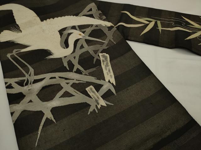 平和屋着物●アンティーク 大正ロマン 九寸名古屋帯 総手刺繍 鷺 黒地 正絹 逸品 AABJ6933pf