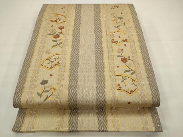 平和屋着物●ひなや工房 くむ・あむ・おる 伊豆蔵明彦 太鼓柄袋帯 総刺繍 草花間道 金糸 正絹 逸品 AABJ6939pf