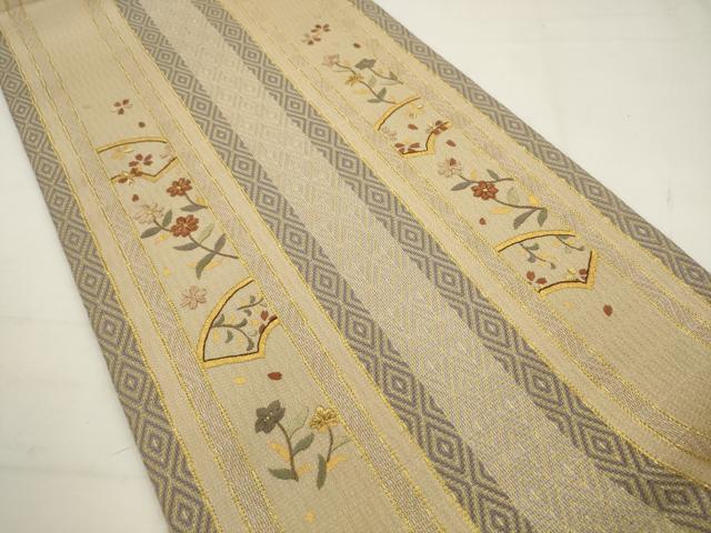 平和屋着物●ひなや工房 くむ・あむ・おる 伊豆蔵明彦 太鼓柄袋帯 総刺繍 草花間道 金糸 正絹 逸品 AABJ6939pf