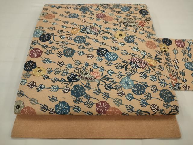 平和屋着物●九寸名古屋帯 型染め 花蝶文 正絹 逸品 AABJ6940pf