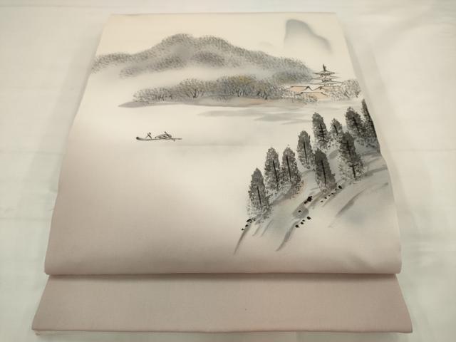 平和屋着物●塩瀬 九寸開き名古屋帯 手描き 風景文 正絹 逸品 AABJ6943pf