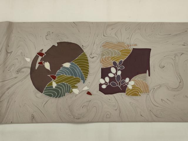 平和屋着物●川野義和 修一郎 塩瀬 九寸名古屋帯 墨流し染め 風景文 正絹 逸品 AABJ6957pf