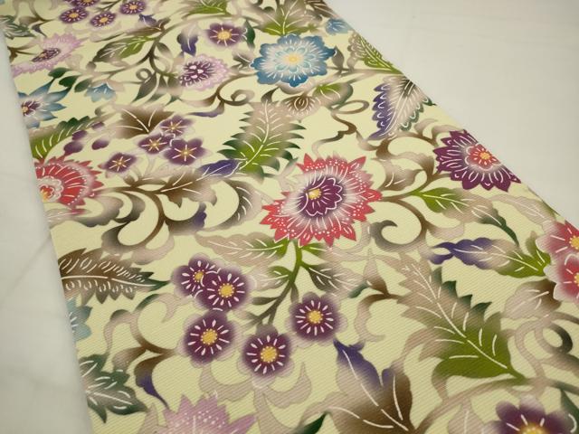 平和屋着物●全通柄九寸開き名古屋帯 紬地 型染め 更紗花文 正絹 逸品 AABJ6960pf