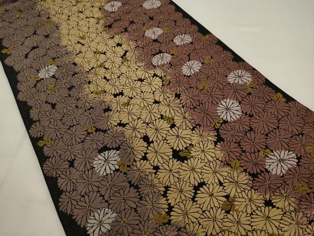平和屋着物●全通柄袋帯 唐織 花尽くし 黒地 金糸 正絹 逸品 AABJ6979pf