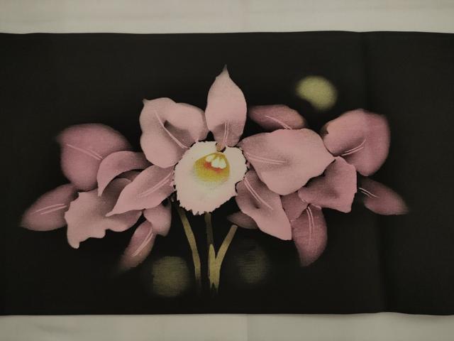 平和屋着物●塩瀬 九寸名古屋帯 ろうけつ染め 草花文 黒地 正絹 逸品 AABJ6997pf