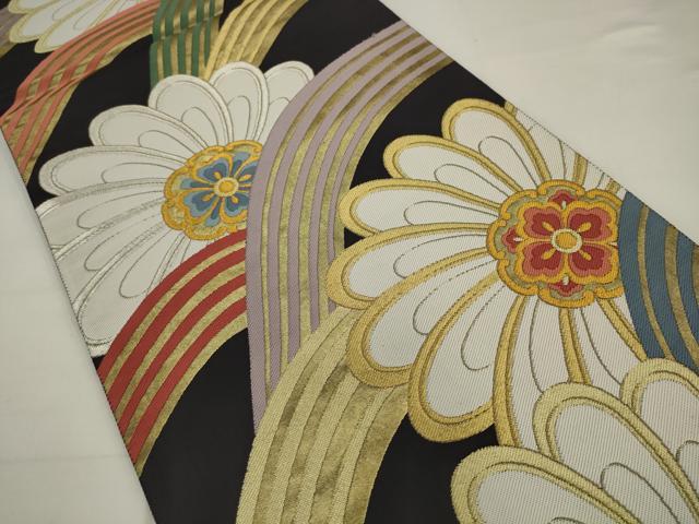 平和屋着物●六通柄袋帯 夢 立波花文 黒地 金銀糸 正絹 逸品 AABJ7001pf