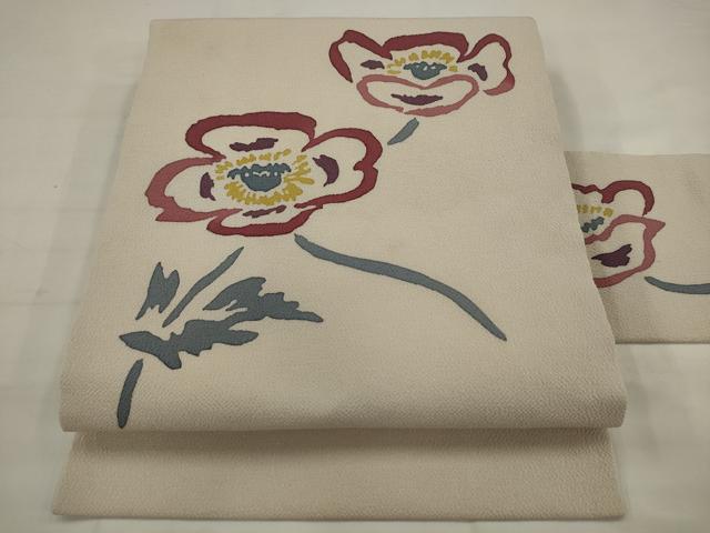 平和屋着物●染色家 佐野猛夫 九寸名古屋帯 草花文 鬼しぼ縮緬 正絹 逸品 AABJ7006pf