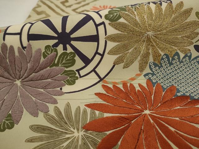平和屋着物●アンティーク 大正ロマン つけ帯 駒刺繍 花車文 正絹 逸品 AABJ7017pf