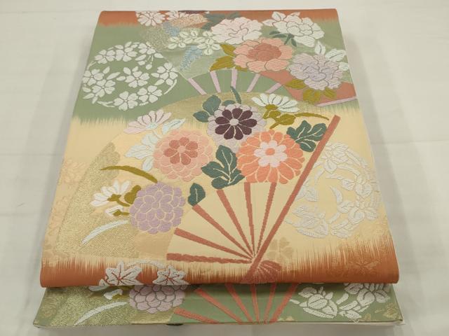 平和屋着物●六通柄袋帯 唐織錦 扇面秀花文 金糸 正絹 逸品 AABJ7023pf