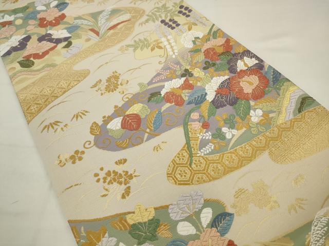 平和屋着物●六通柄袋帯 唐織 流水草花文 金糸 正絹 逸品 AABJ7024pf