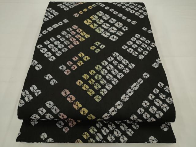 平和屋着物●両面全通柄袋帯 雲絞り 幾何学文様 黒地 正絹 逸品 AABJ7031pf
