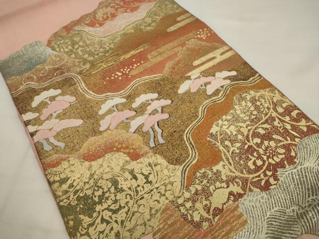 平和屋着物●太鼓柄袋帯 紬地 駒刺繍 風景文 金銀彩 正絹 逸品 AABJ7034pf