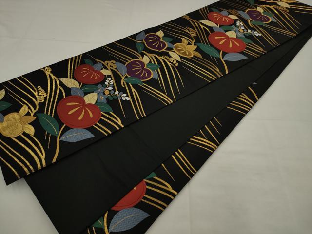 平和屋着物●六通柄袋帯 唐織 立波花文 黒地 金糸 正絹 逸品 AABJ7045pf