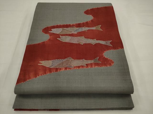 平和屋着物●中国三大刺繍 汕頭刺繍 スワトウ刺繍 太鼓柄袋帯 紬地 絞り 魚 正絹 逸品 AABJ7046pf