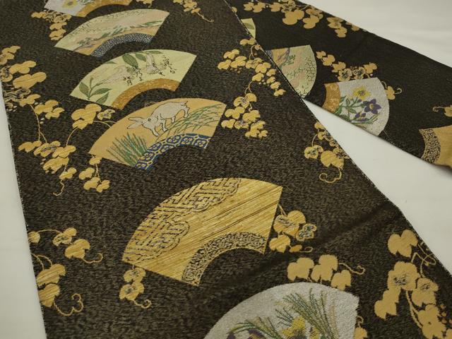 平和屋着物●九寸名古屋帯 地紙草花文 跳び兎 金銀糸 正絹 逸品 AABJ7050pf