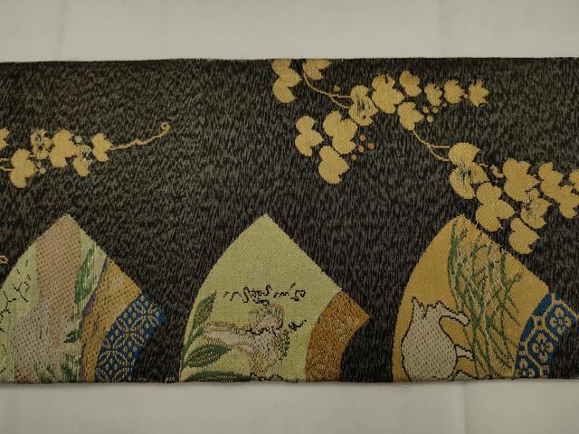 平和屋着物●九寸名古屋帯 地紙草花文 跳び兎 金銀糸 正絹 逸品 AABJ7050pf