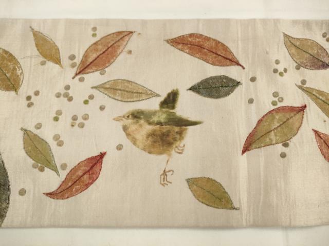 平和屋着物●アンティーク 大正ロマン 九寸名古屋帯 刺繍 群鳥 正絹 逸品 AABJ7061pf