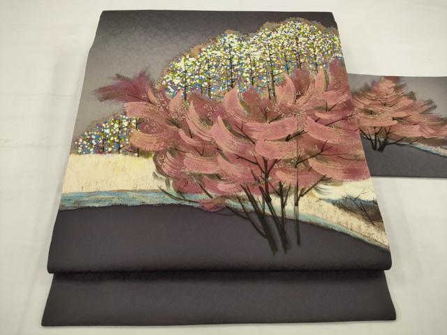 平和屋着物●中嶋博司 塩瀬 九寸名古屋帯 手描き 風景文 金彩 正絹 逸品 AABJ7078pf