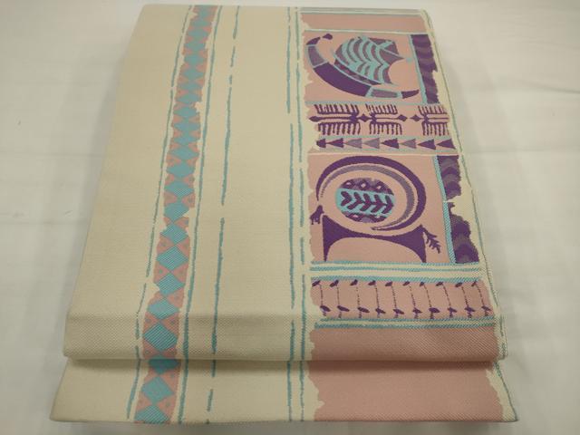 平和屋着物●六通柄袋帯 幾何学文様 銀糸 正絹 逸品 AABJ7082pf