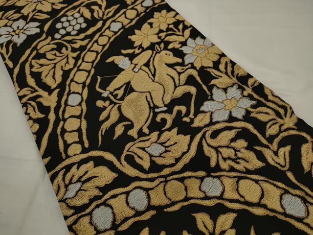 平和屋着物●全通柄袋帯 狩猟文 黒地 金糸 正絹 逸品 AABJ7085pf