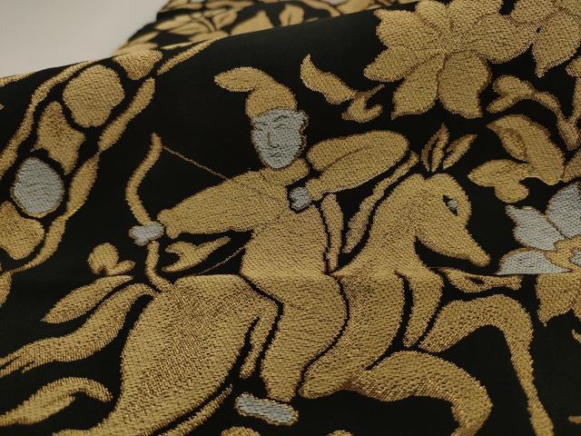 平和屋着物●全通柄袋帯 狩猟文 黒地 金糸 正絹 逸品 AABJ7085pf