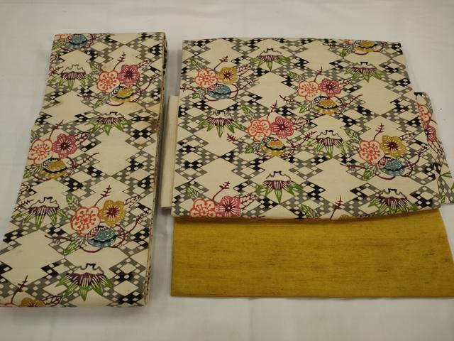 平和屋着物●つけ帯 紬地 型染め 草花文 正絹 逸品 AABJ7086pf