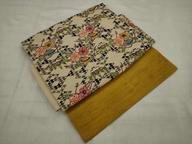 平和屋着物●つけ帯 紬地 型染め 草花文 正絹 逸品 AABJ7086pf